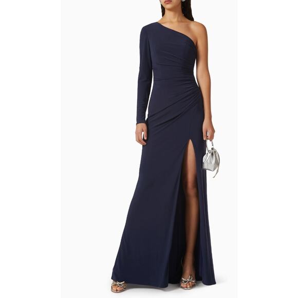 Ieena for Mac Duggal One Shoulder Ruched Draped High Slit Jersey Maxi Dress 2 - Picture 1 of 5